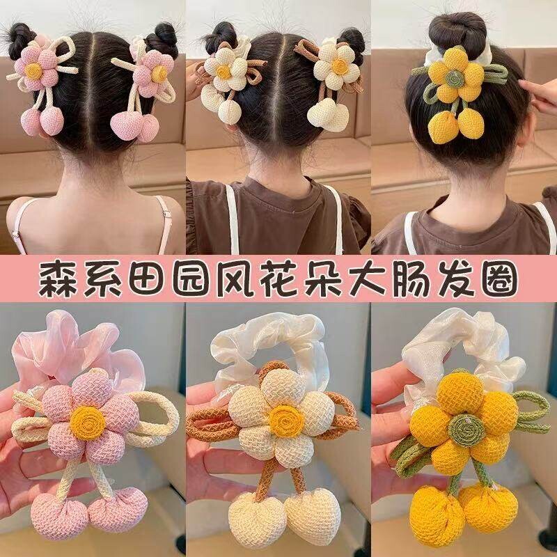 儿童双丸子头新款花朵发绳女童扎大肠发圈女孩马尾头绳发饰蝴蝶结