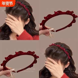 红色植绒高颅顶编发发箍女2026新款日常外戴头箍洗脸发卡新年头饰