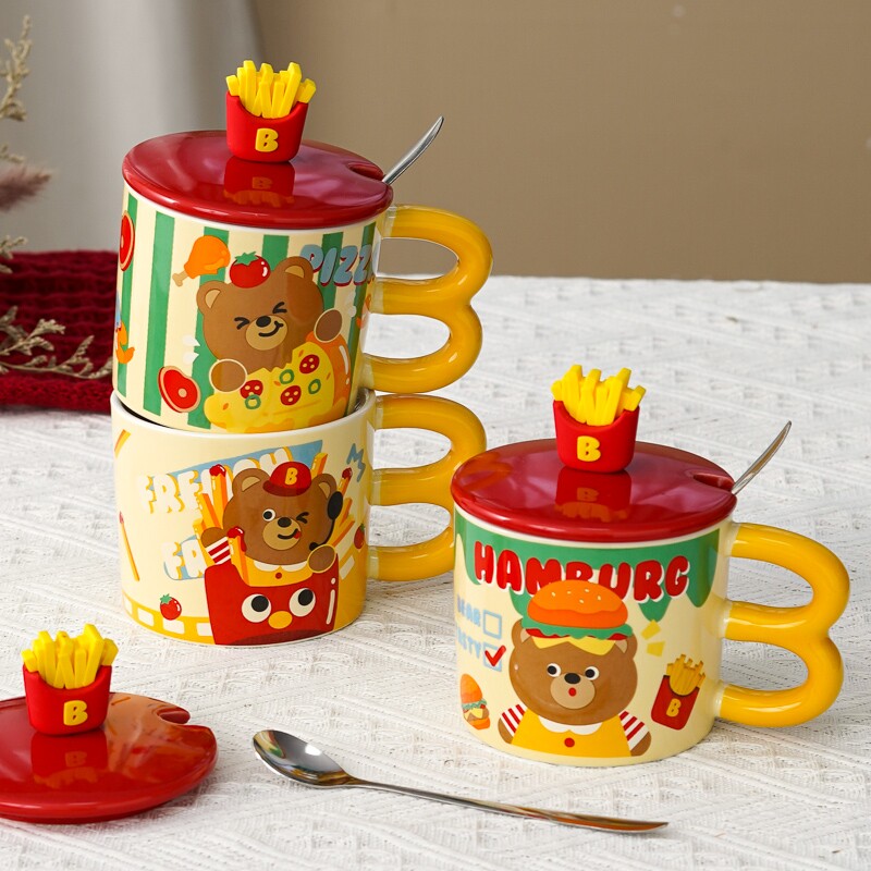 小熊薯条杯带勺带盖马克杯卡通美式冲泡燕麦杯情侣餐杯陶瓷早餐杯