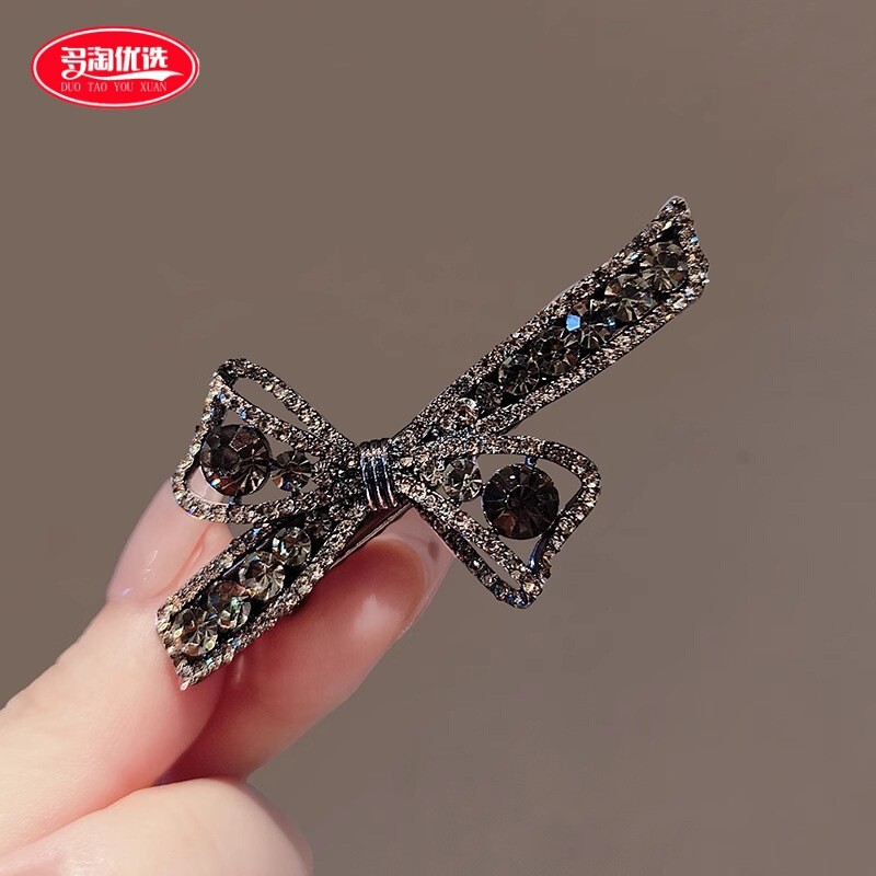枪黑水钻蝴蝶结发夹女侧边夹碎发刘海夹新款轻奢高级感鸭嘴夹精致