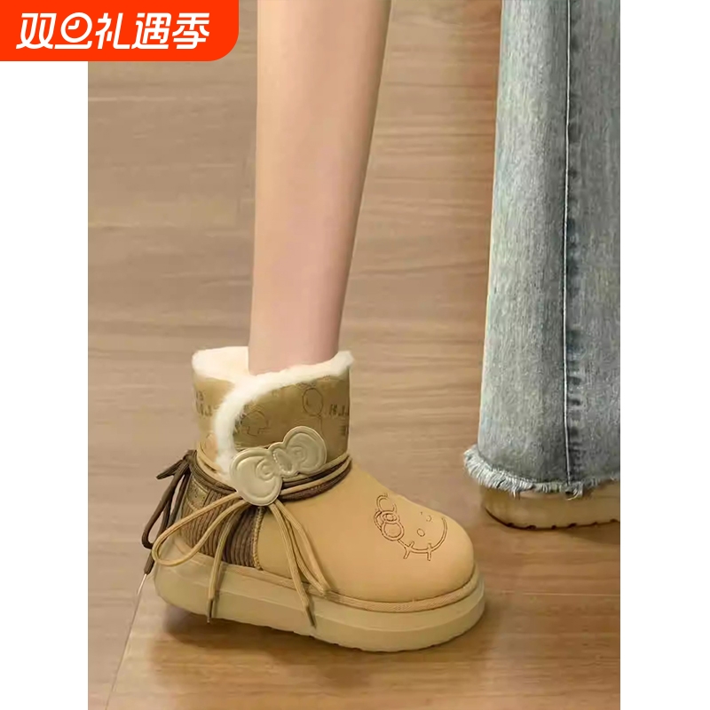 雪地靴女冬季加绒加厚大棉鞋2025新款保暖短筒靴子增高防水棕色