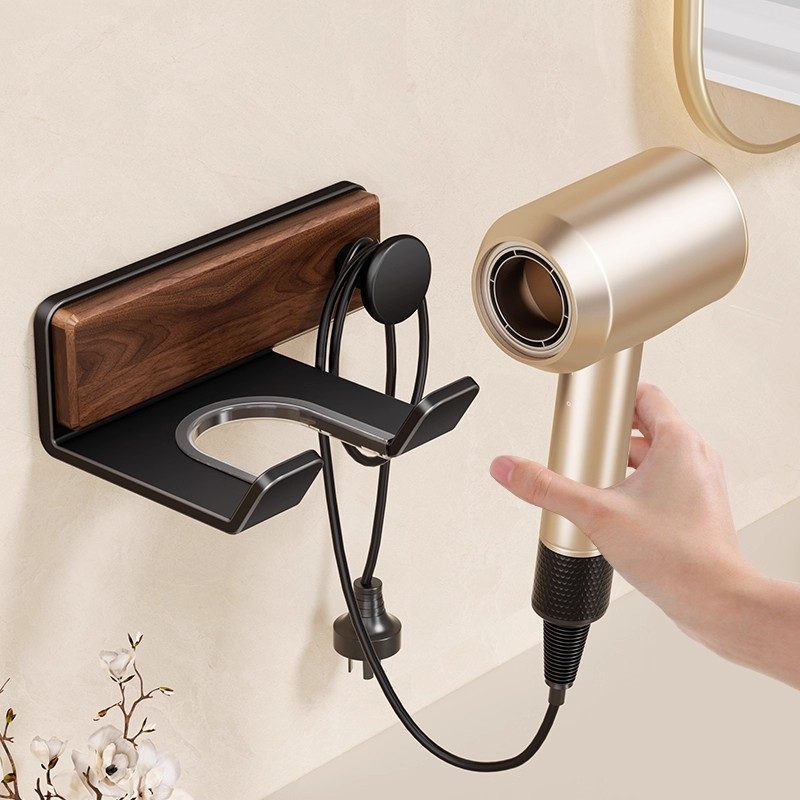 胡桃木吹风机置物架支架免打孔卫生间电吹风挂浴室壁挂式收纳架子