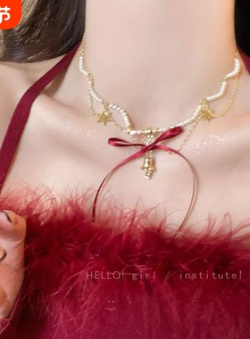 圣诞秋冬氛围感丝带蝴蝶结铃铛项链小众配饰品女choker颈链锁骨链