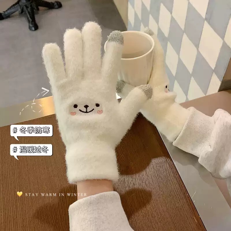 手套女秋冬季韩版可爱学生保暖毛线加厚防寒分指骑行开电动车白色