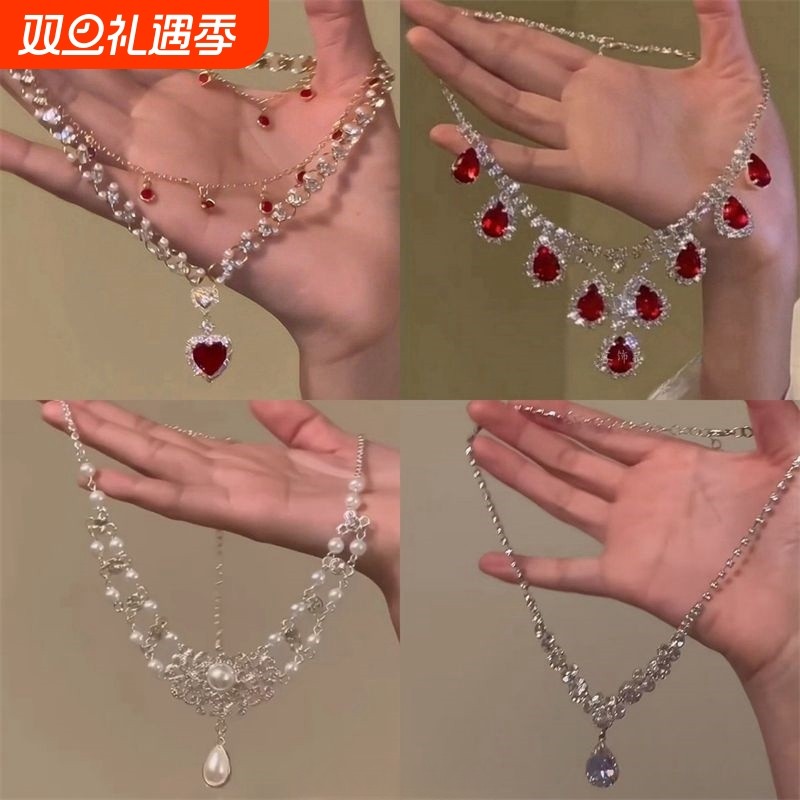 「闪耀之心」红色爱心珍珠双层叠戴项链公主轻奢高级感新年锁骨链