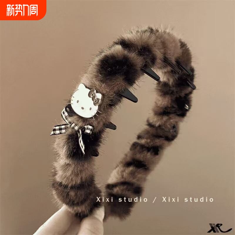 初秋甜酷辣妹KT猫咪发箍时尚毛绒豹纹箍高颅顶带齿发卡蓬松神器饰