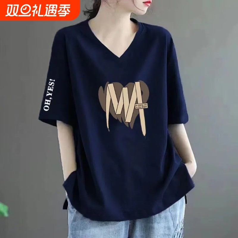 100%纯棉春夏季新款短袖V领t恤宽松显瘦印花时尚大码孕妇装上衣