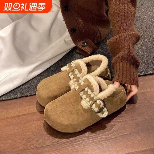 内增高厚底加绒保暖两穿勃肯鞋女鞋2025新款冬季雪地靴毛毛鞋棉鞋
