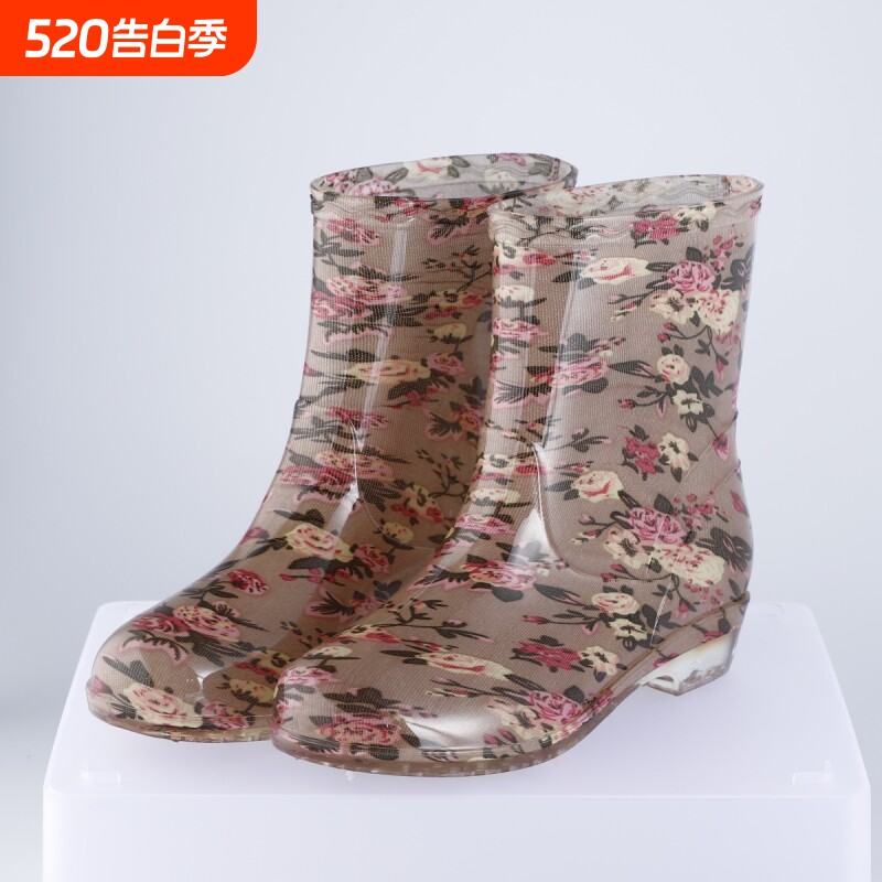 中低筒雨鞋女士短筒水鞋雨靴半筒水靴花布成人加棉绒防雨防水胶鞋