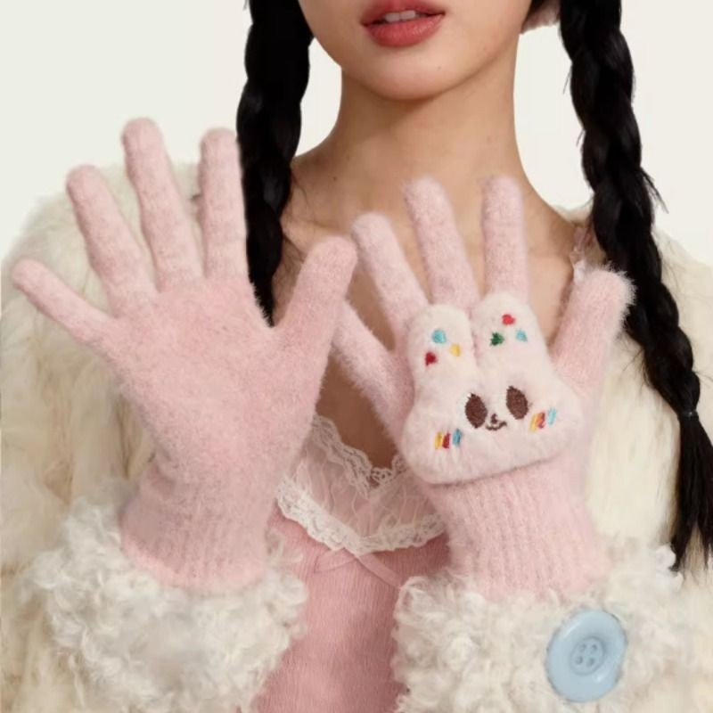 SIMS女保暖手套毛绒防寒分指冰淇淋色仿貂绒冬季软糯羊毛拼接甜美