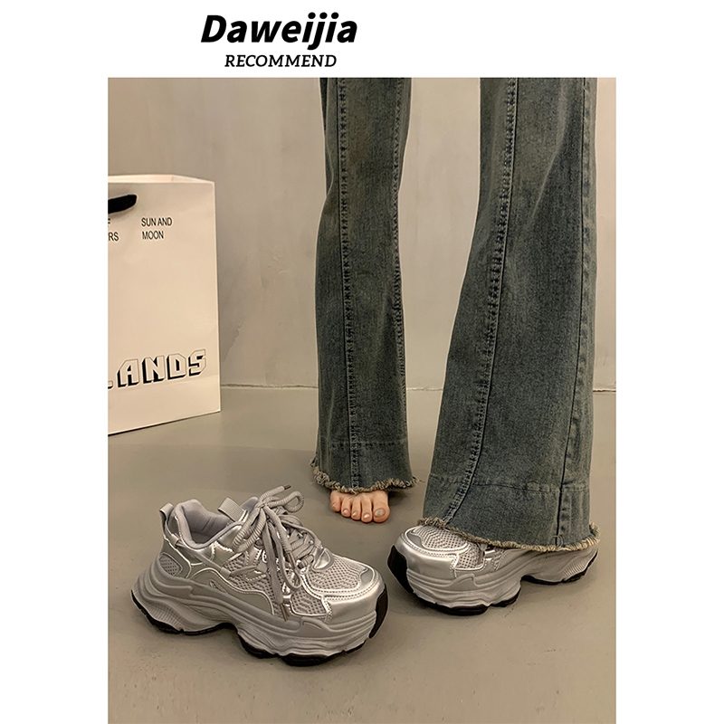 爆款松糕厚底老爹鞋女秋季小个子增高2025新款银色百搭休闲运动鞋