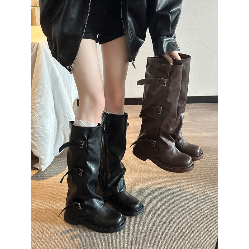 长筒靴女2026秋冬新款显瘦厚底高筒美拉德堆堆靴裤管骑士靴中筒