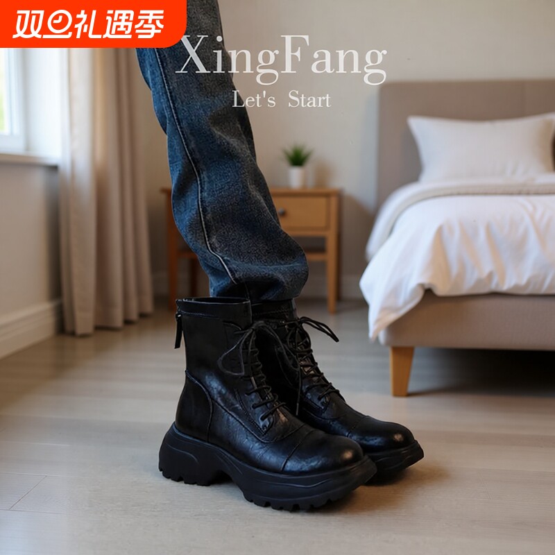 牛皮版~英伦风复古厚底马丁靴女秋冬2025新款系带增高瘦瘦靴短靴