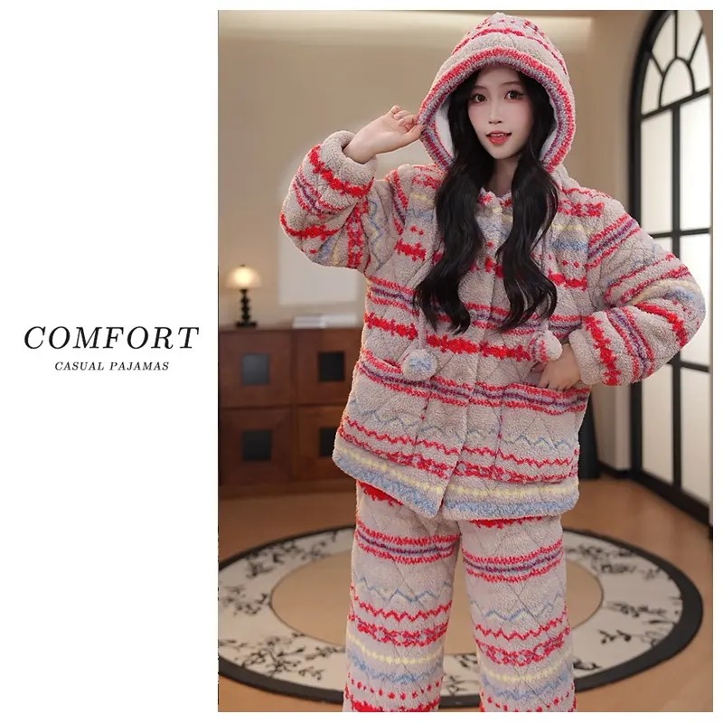 睡衣女款2025新款冬高级感三层夹棉加厚保暖珊瑚绒女士条纹家居服