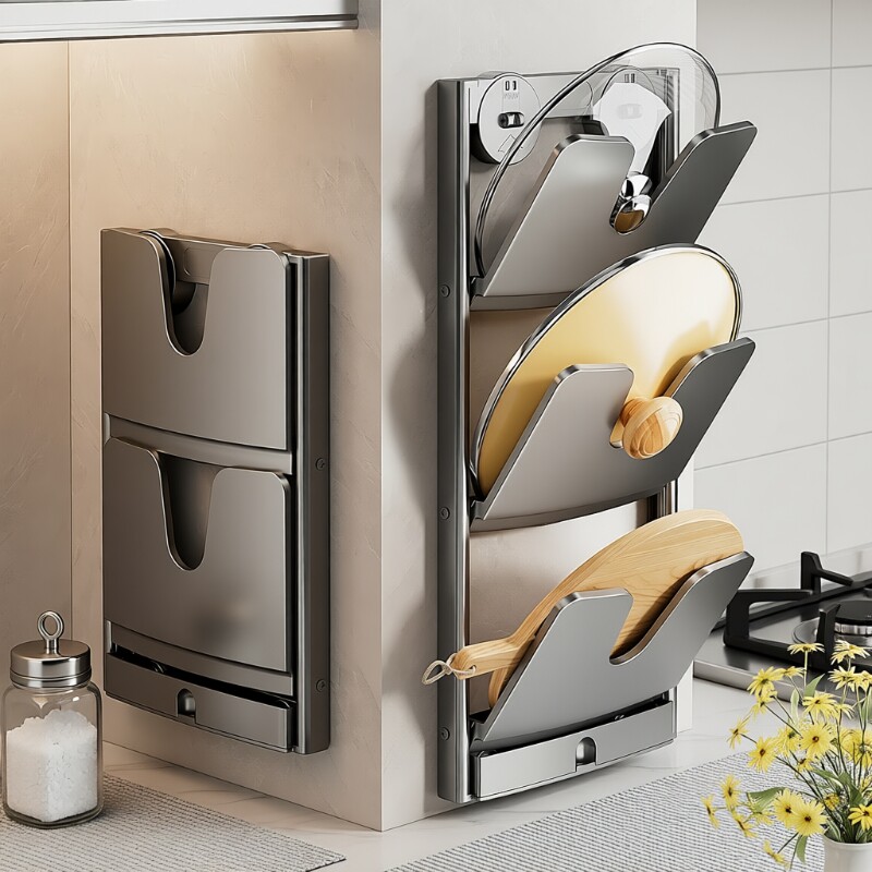 锅盖架壁挂式免打孔吸盘多功能厨房置物架砧菜板收纳神器折叠上墙