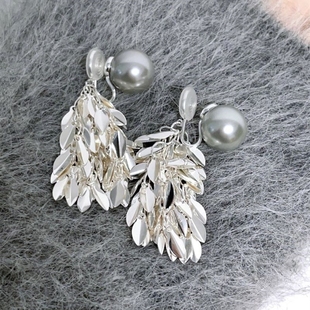 粼粼清冷灰色珍珠流苏耳环女显脸小蚊香盘无耳洞耳夹耳饰麦穗无痛