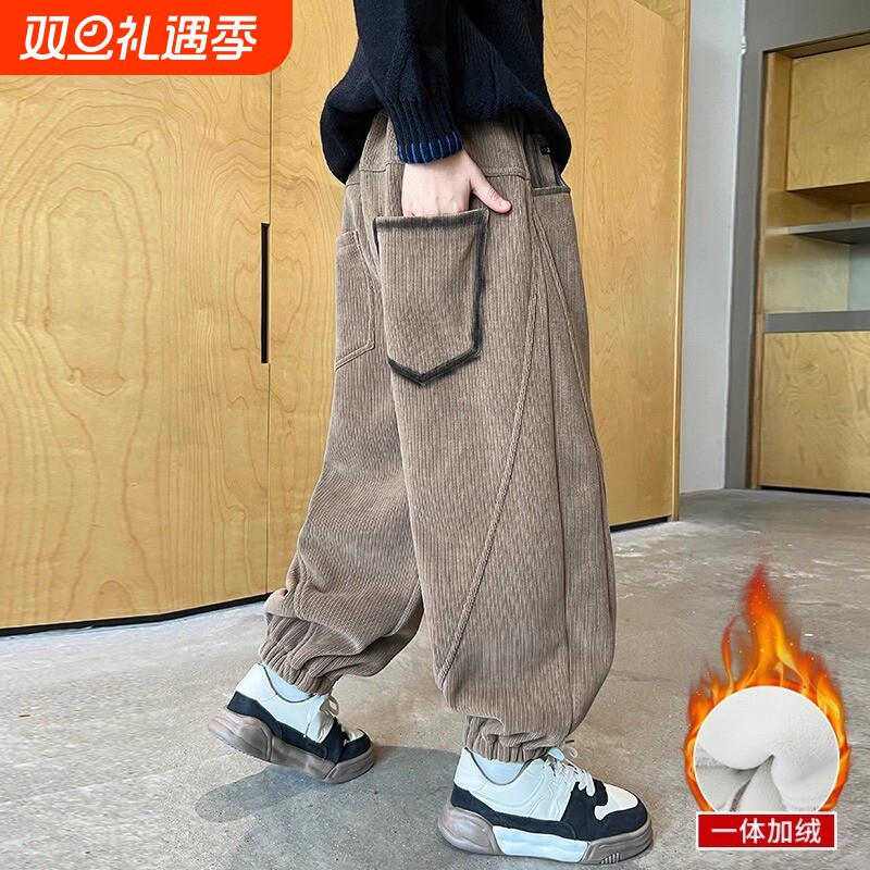 儿童运动裤秋冬新款季男童加绒裤子厚中大童长裤一体孩宽松灯芯绒