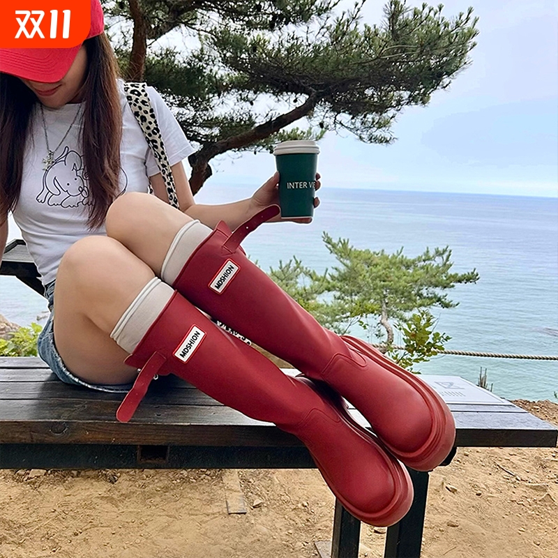 厚底红色高筒靴户外雨靴2025新款夏秋雨鞋不过膝长筒骑士靴长靴子