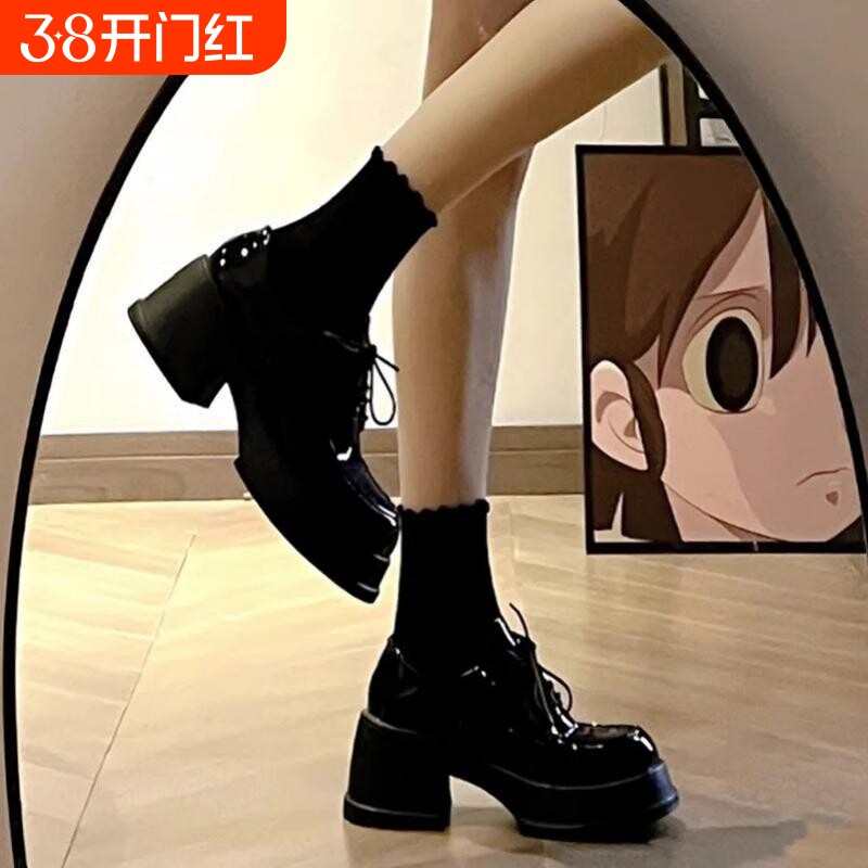 黑色小皮鞋厚底高跟女款春秋增高粗跟玛丽珍鞋松糕圆头美式乐福鞋