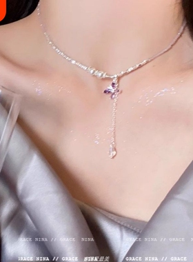 与春同频!紫色蝴蝶碎银流苏项链女轻奢小众高级感锁骨链春天配饰