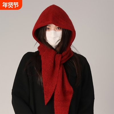 红色巴拉克拉法帽女款冬季大头围护耳保暖毛线帽针织帽子围巾一体
