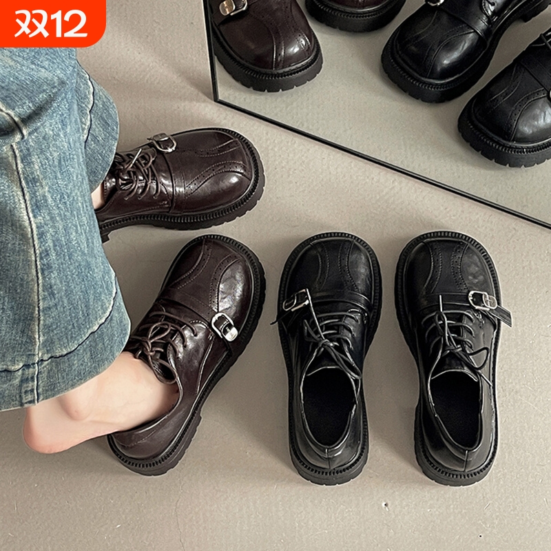 法式复古皮带扣厚底增高乐福鞋女2025夏季新款通勤系带小皮鞋女鞋