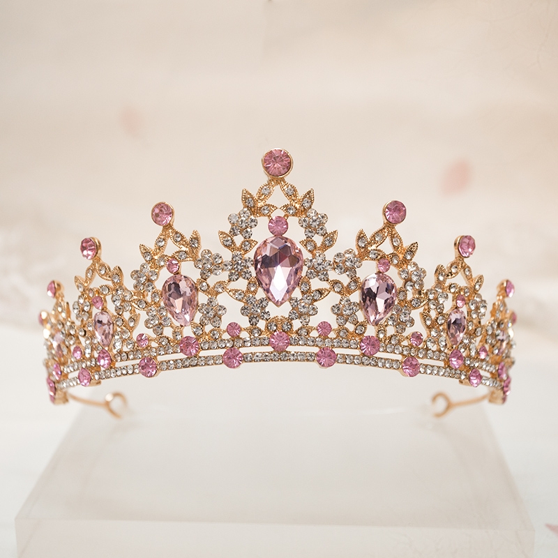 皇冠头饰儿童公主粉色女孩高端水钻生日王冠女童演出水晶走秀发箍