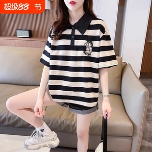 中大童翻领百搭上衣儿童夏装 女童条纹polo衫 新款 短袖 t恤2025夏季