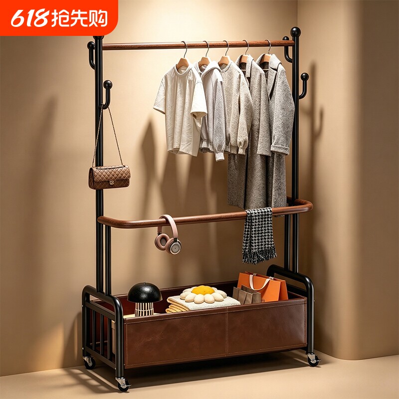 中古风挂衣架落地卧室次净衣架家用床尾放衣服收纳架可移动衣帽架