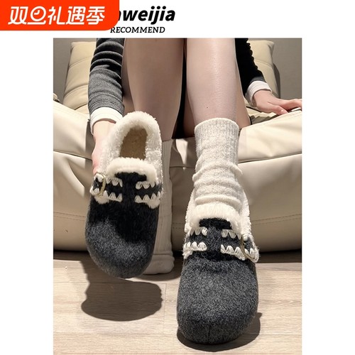 灰色复古加绒保暖厚底雪地棉鞋女冬2025新款加厚增高毛毛勃肯鞋子