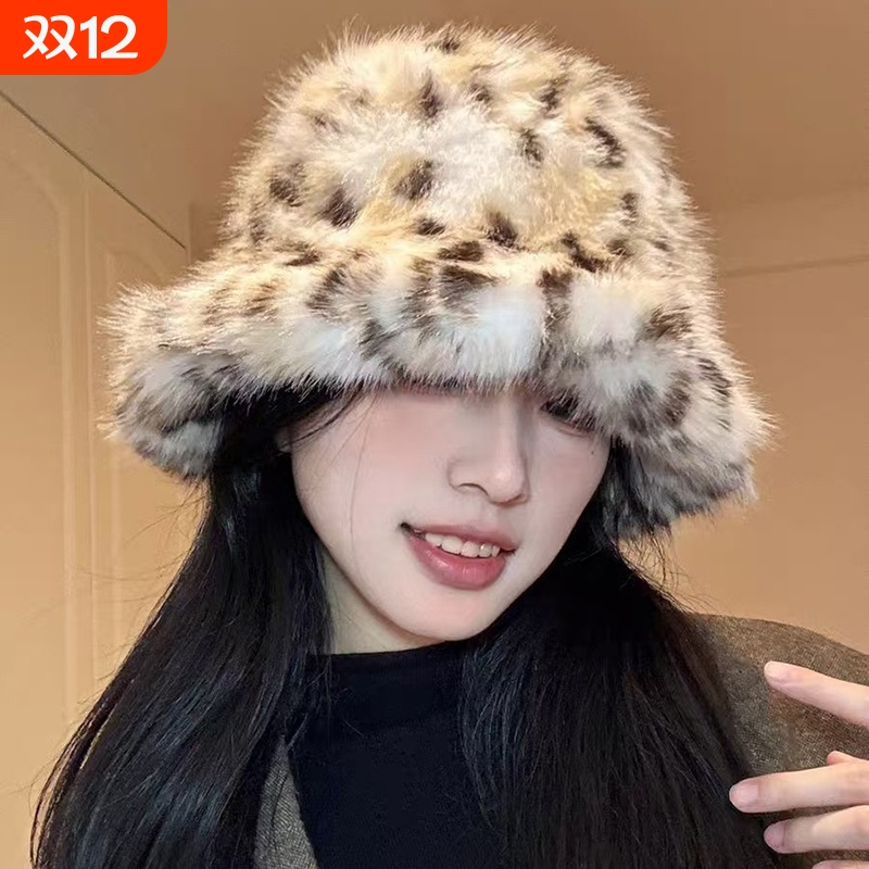 豹纹毛绒帽子女秋冬季2025新款渔夫帽大头围素颜显脸小盆帽水桶帽