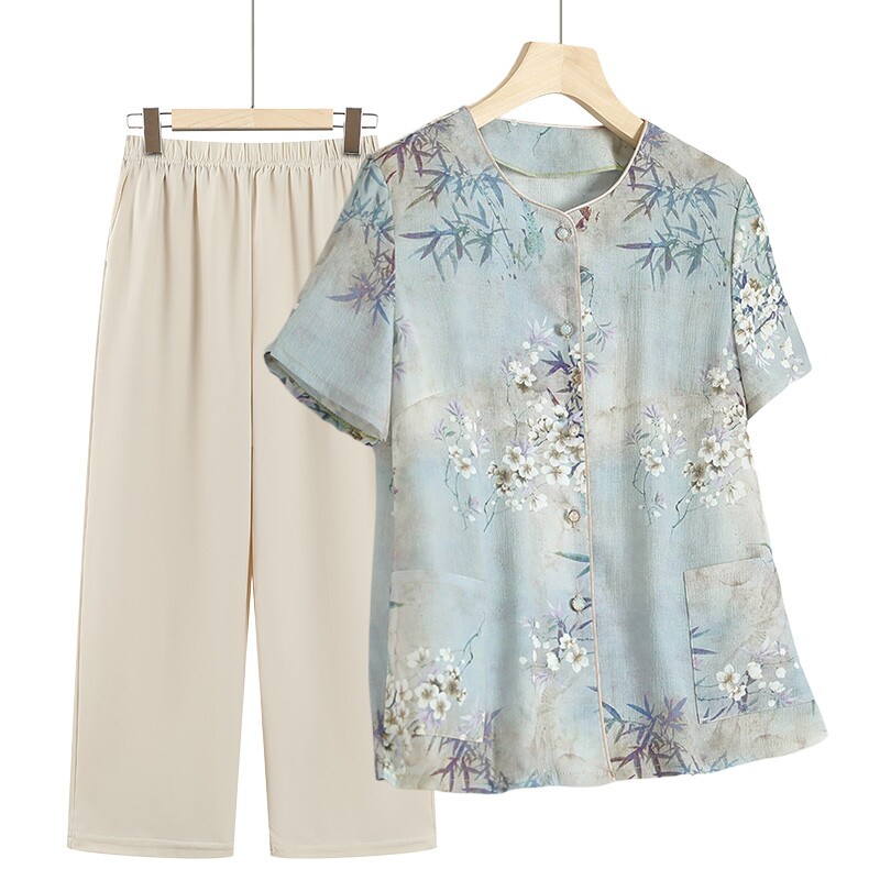 奶奶装夏季短袖衬衫中老年人女装时尚套装老人衣服妈妈夏装上衣