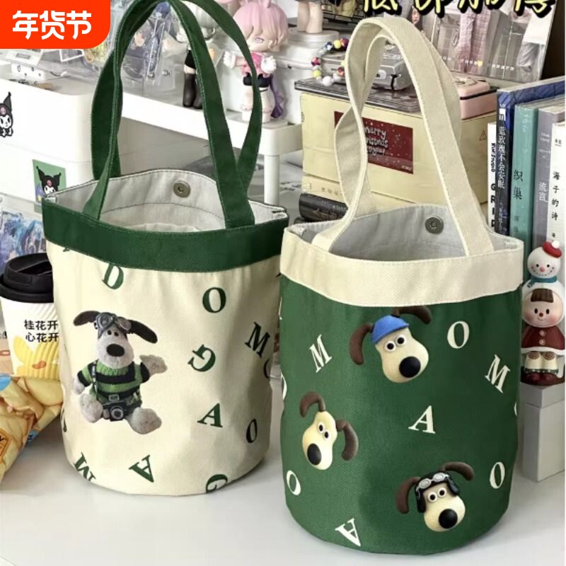 可爱卡通插画水桶包小包包女 ins风手提包帆布包圆筒包学生便当袋
