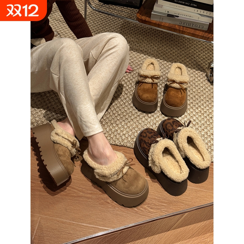 勃肯鞋女款2025新款冬季加绒包头半拖鞋厚底增高鞋保暖棉鞋毛绒