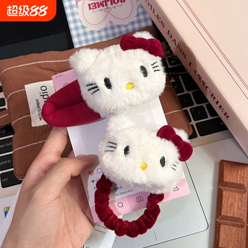 发夹毛绒HelloKitty蝴蝶结少女BB夹刘海洗脸可爱红kt猫掰掰夹发圈