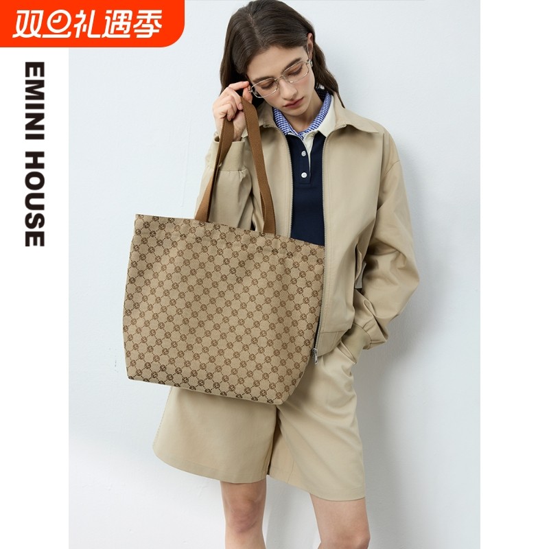 伊米妮简约休闲大容量托特包都市新款织布老花单肩包购物袋