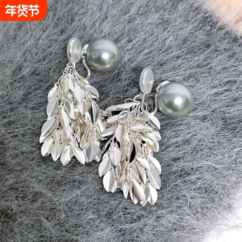 粼粼清冷灰色珍珠流苏耳环女显脸小蚊香盘无耳洞耳夹耳饰麦穗无痛