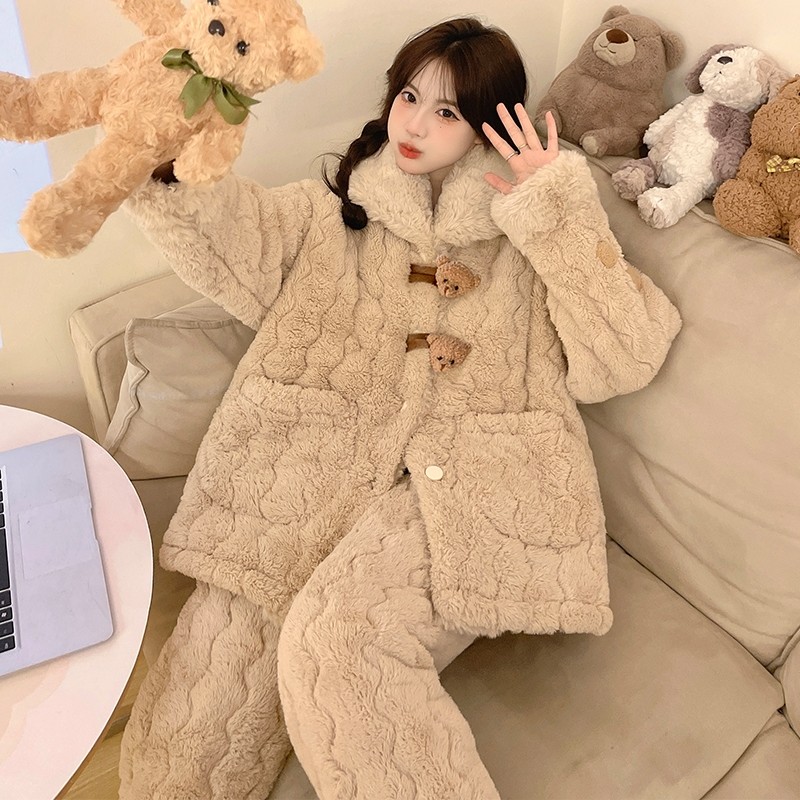 俞兆林睡衣女秋冬季加绒加厚三层夹棉珊瑚绒奶呼呼冬天家居服套装