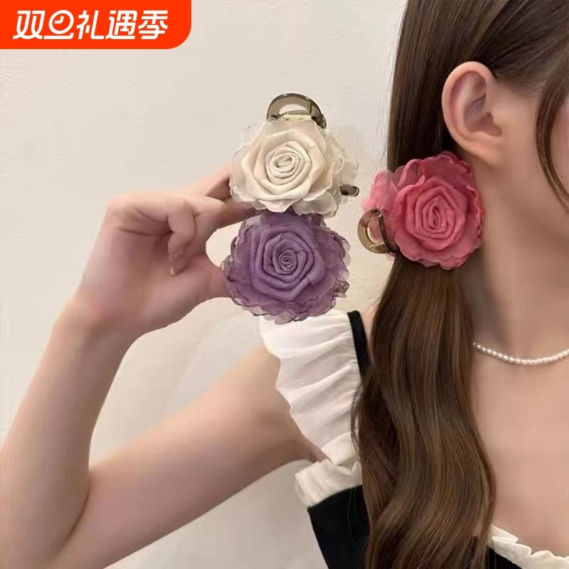 新中式手工玫瑰花朵抓夹双面雪纺后脑勺半扎抓夹气质马尾花朵发卡
