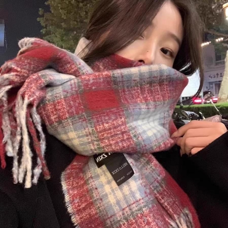 格子围巾女冬季高级感披肩保暖韩系氛围感学生百搭围脖潮圣诞蓝咖