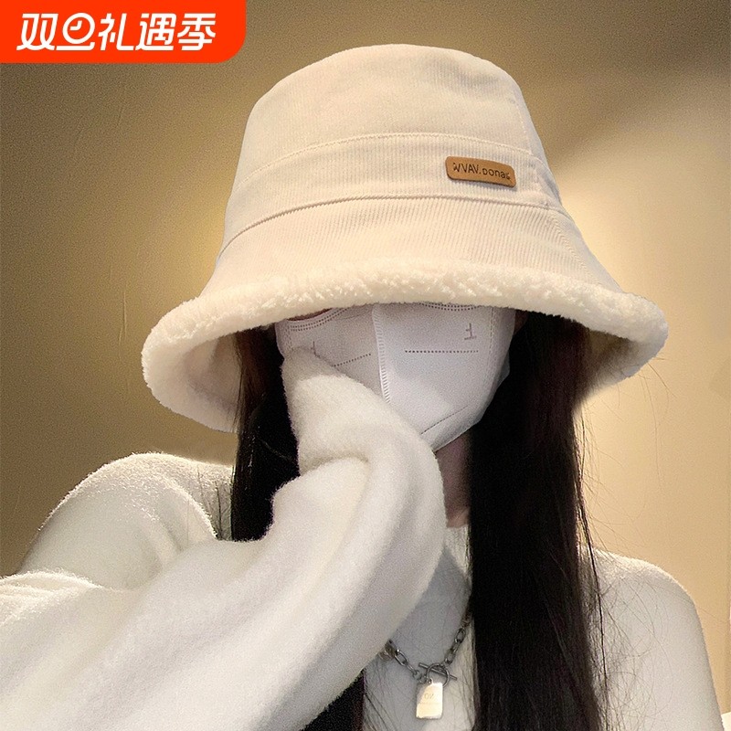 羊羔绒双面渔夫帽女秋冬季百搭显脸小盆帽加厚保暖防风防寒水桶帽
