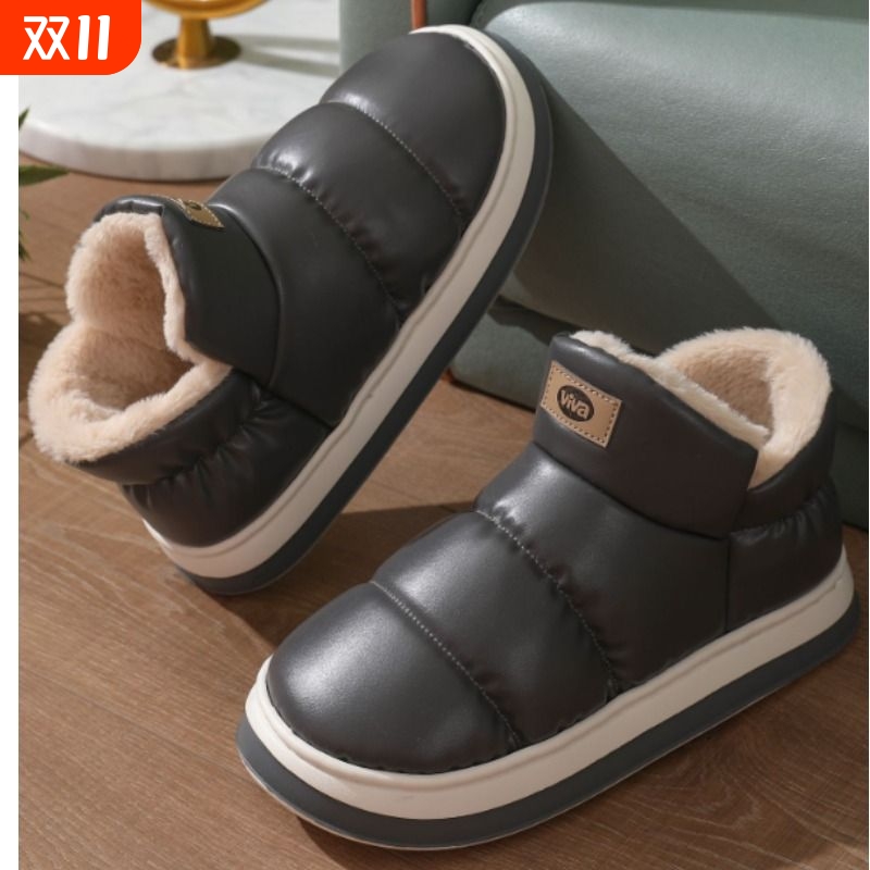 高帮棉拖鞋女冬季加厚加绒棉鞋男防滑防水家居鞋包跟外穿红色过冬