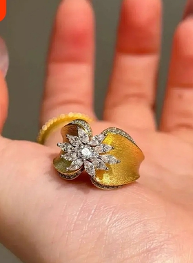新中式蝶恋花拉丝满钻戒指高级感中古精美工艺精致蝴蝶指环可调节