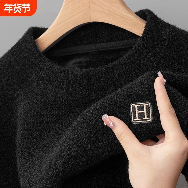 加绒圆领打底衫男士一体绒雪尼尔毛衣爸爸装冬季保暖衣内搭黑色,男装,中老年上装,淘宝优惠券,粉丝福利购,淘宝优惠卷