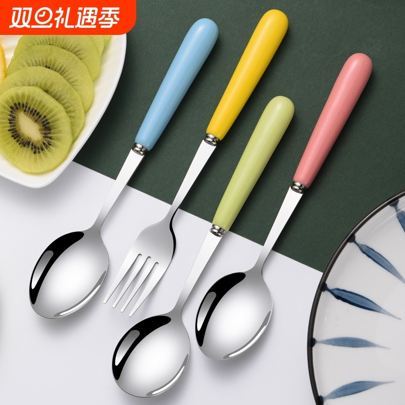 陶瓷柄加厚不锈钢长柄勺可爱汤匙吃饭勺儿童勺子叉子家用餐具调羹