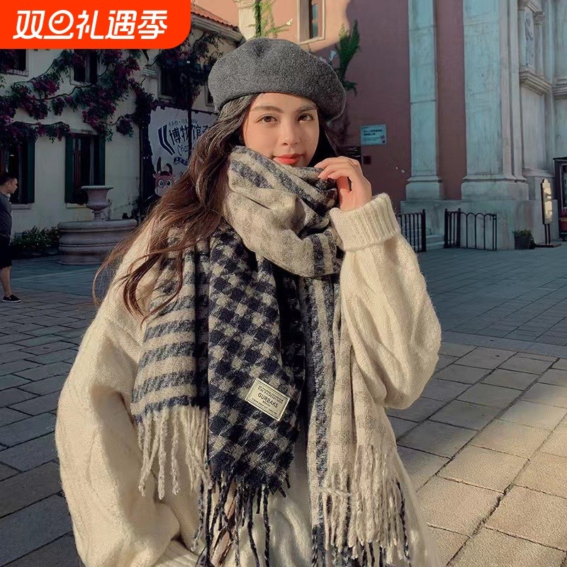 护颈围巾女氛围韩系冬季感披肩外搭保暖加厚情侣千鸟格围脖格子