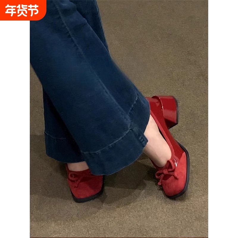 法式红色粗跟玛丽珍单鞋女2025年春夏新款芭蕾风蝴蝶结气质高跟鞋,女鞋,玛丽珍鞋,淘宝优惠券,粉丝福利购,淘宝优惠卷