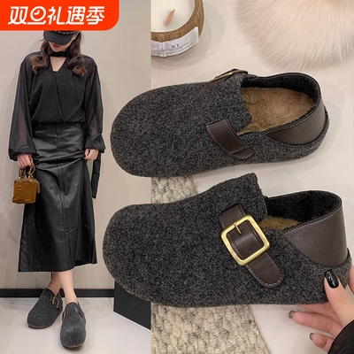 勃肯鞋女秋冬2025新款厚底灰色一脚蹬加绒保暖棉鞋毛毛鞋内增高