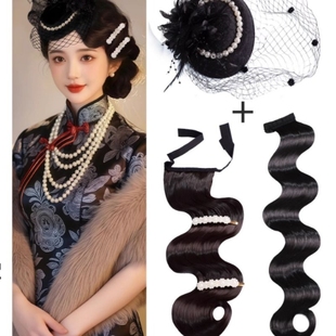 大上海民国风假发片手推波纹刘海假发复古旗袍造型头饰发夹网纱帽