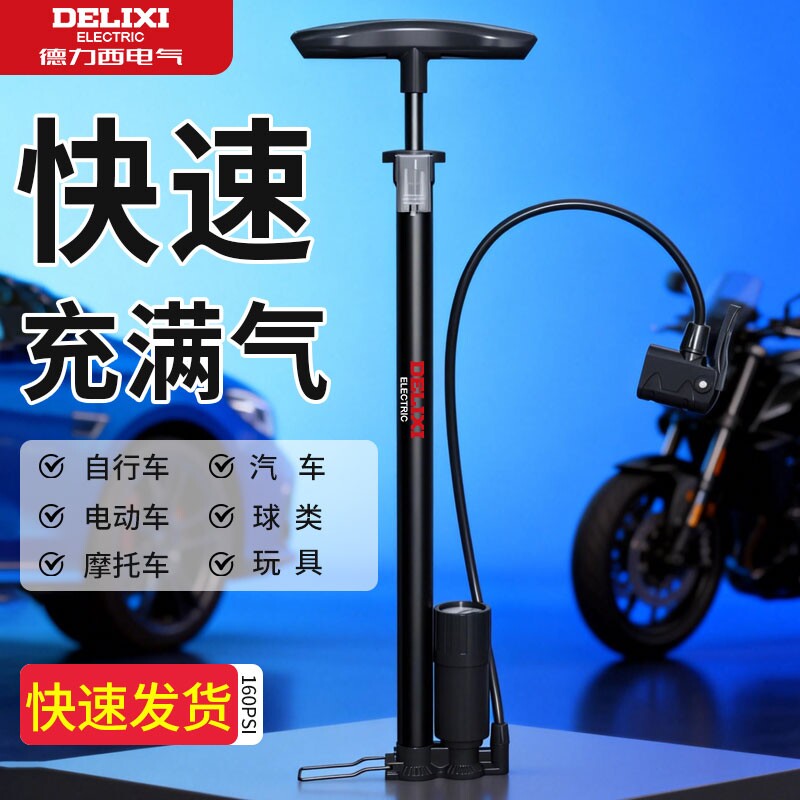 德力西电气打气筒自行车家用小电动电瓶篮球汽车通用高压充气管子